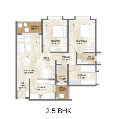 SoHo Floor Plan - 2.5BHK