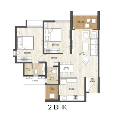 Wellington Floor Plan - 2 BHK | Pride World City